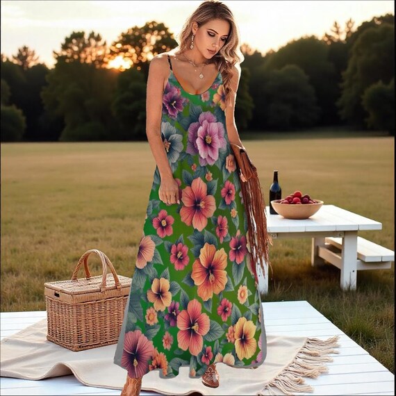 Chic Ankle-Length Slip Dress with Hibiscus Floral Patterned Sleeveless Maxi Dress - Lightweight Summer Fashion