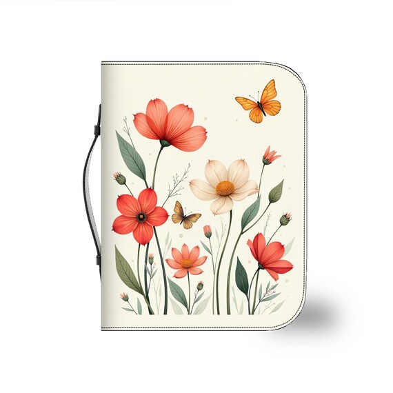 Floral Butterfly Bible Cover: Orange Spring Flowers, PU Leather
