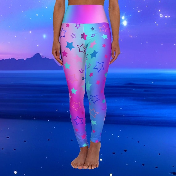 Star Galaxy Cool Color Tones Ombre High Waisted Yoga Leggings | Tummy Control Workout Pants | Vibrant Gradient Stylish Athleisure Activewear