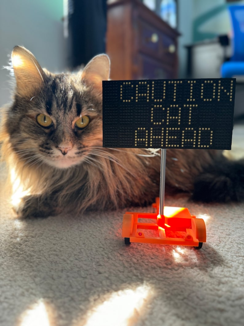 May include: A brown tabby cat with green eyes lies on a beige carpet in front of a black sign with white text that reads "CAUTION CAT AHEAD". The sign is attached to a small orange toy car.