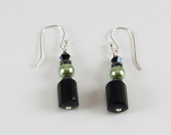 Sterling Silver black onyx and pearl beaded Earrings Valentine gift real gems high quality jewelry dangle drop stone