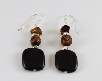 Sterling Silver brown horn and wood tiger eye beaded Earrings Valentine gift real gems high quality jewelry dangle drop