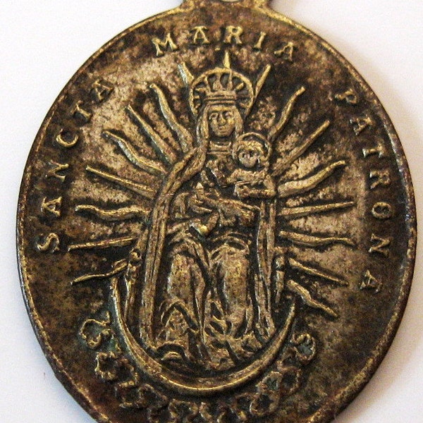 Antique Large Spanish Madonna Crescent Moon St Lambert Religious Medal Pendant Charm 1800s