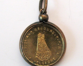 Antique Belgium French Framed Glass Covered 1930 Religious Medal Pendant Charm