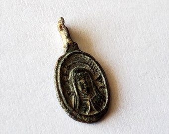 Antique Bronze Spanish Virgin Mary IHS Pendant Charm Religious Medal Circa 1700s Spain FREE SHIPPING