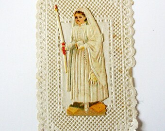 Antique Communion French Paper Lace Holy Card. Relief Dente. FREE SHIPPING