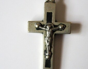 French Antique Lourdes Crucifix Cross Silver Wood Inlay