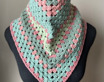 Crocheted Shawl, Scarf, Wrap, Triangle, Green, Peach A3