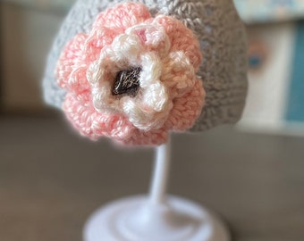 3-6 Month, Crocheted, Elegant, Baby Beanie, Grey, White Flower