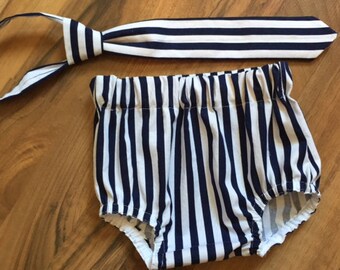 RTS 6-12 Month Necktie, Diaper Cover Set Navy & White Striped Photography Prop, Dressy Baby Boy