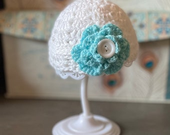 Newborn, Crocheted, Elegant Stitch, Baby Beanie, White, Blue Flower,