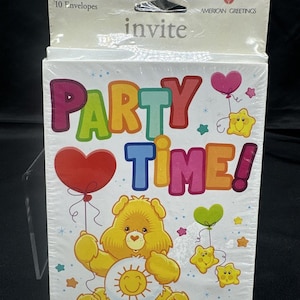 Vintage Troetelbeertjes Funshine Bear "Party Time" verjaardagsuitnodigingen 10 stuks Nieuw