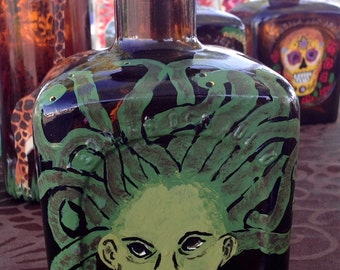 Upcycled Don Julio Bottle with Green Medusa and Wooden Cork