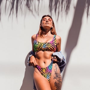 Neon Colored Tiger Print Bikini Rainbow Colors Tiger Bikini For Pool Side Or Vegas Vacation High Waisted Bathing Suit Bright Color Bikini