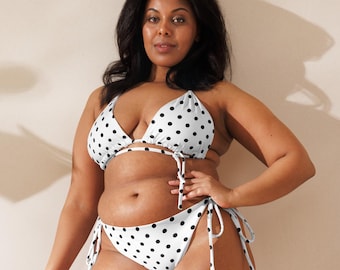 Retro Black and White Polka Dot String Bikini Set for Summer, Black and White Two Piece Swimsuit for Women, Polka Dot Triangle Top Bikini