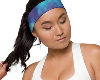 Tie Dye Headband for EDM Festival Outfit Accessory, Music Concert, Blue Tie Dye Gym Workout Headband Unisex Hair Accessories for Summer