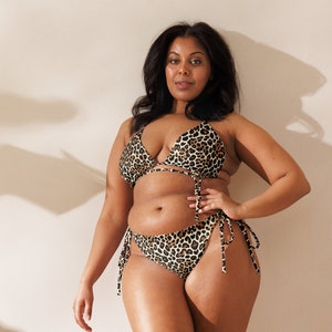 Trendy Leopard Bikini Two Piece Swimsuit for Summer Vibes Poolside or Vegas Fun Leopard Print Triangle Bikini Top and Side Tie Bikini Bottom