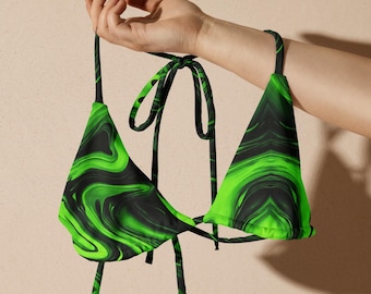 Neon Colored Bright Green and Black String Bikini Top for Women Neon Green Swimwear for Summer Vacation Black and Green Tie Bikini Top