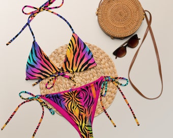Neon Color Tiger Print Bikini: Rainbow Swimwear Set for Women | Animal Print Two Piece Bikini Set | Bright Colored Rave Inspired Ladies Swim