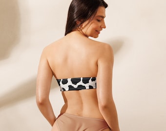 Cowprint Bandeau Bikini Top Animal Print Bandeau Top for Women, Cow Printe Tube Top Swimwear, Animal Black White Cow Print Bandeau Bikini