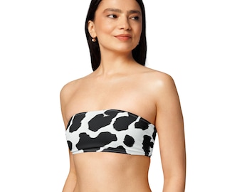 Cowprint Bandeau Bikini Top Animal Print Bandeau Top for Women, Cow Printe Tube Top Swimwear, Animal Black White Cow Print Bandeau Bikini