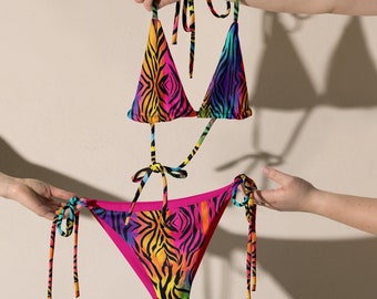 90s Inspired Tiger Animal Print String Bikini Y2K Rainbow Color Tiger Bikini Pool Side Vacation Side Tie Bikini Bottom Triangle Bikini Top