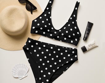 White and Black High Waist Two Piece Bikini Polka Dot Print High Waisted Bikini Set Black and White Ladies Swimwear Retro Bikini for Pool