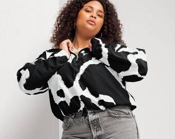 Retro Cow Printe Women’s Cropped Windbreaker, 80s Style Pullover Jacket, Black Cowprint Crop Top Windbreaker lightweight Pullover for Women