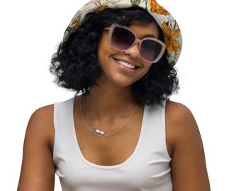 Orange and Cream Vintage Floral Print Orange Reversible Bucket Hat Cute Bucket Hat for Women Vintage Style Floral Caps Unisex Bucket Hats