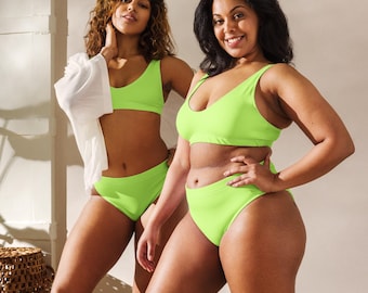 Neon Green High Waist Bikini Set Sustainable Swimwear Two Piece Swimsuit Bright Green Two Piece Set Trendy Lime Green Bikini Bathing Suit