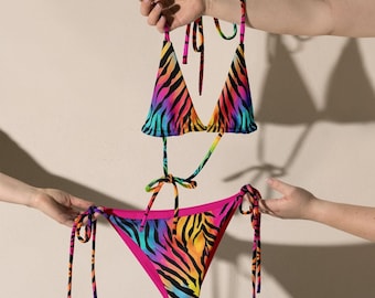 Neon Rainbow Tiger Print Bikini Set for Women Rainbow Tiger Print Plus Size Bikini Neon Animal Print Rainbow Color Two Piece Cheeky Bikini