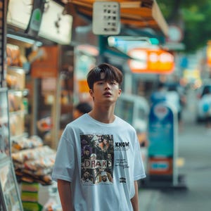 May include: A young man wearing a white t-shirt with a graphic print of a group of people and the text "KNOW YOURSELF" and "DRAKE". He is standing in an urban setting with shops and buildings in the background.