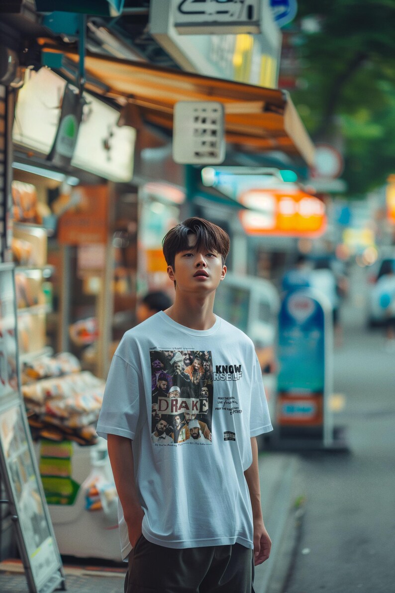 May include: A young man wearing a white t-shirt with a graphic print of a group of people and the text "KNOW YOURSELF" and "DRAKE". He is standing in an urban setting with shops and buildings in the background.