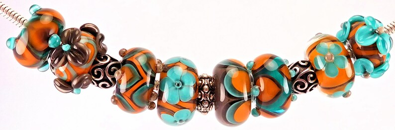 Burnt Orange Lampwork Bead 4mm big hole Large Hole Teal and Grey European Charm Bead by Kandice Seeber SRA