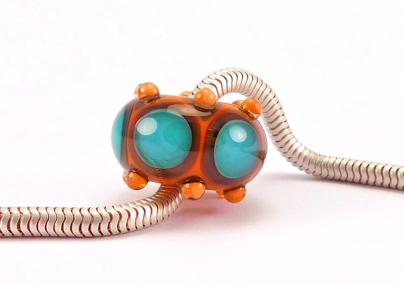 Burnt Orange Lampwork Bead 4mm big hole Large Hole Teal and Grey European Charm Bead by Kandice Seeber SRA