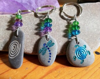 CUSTOM Hand Engraved Stone Key Rings FREE SHIPPING