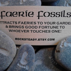 May include: A sign with the text "Faerie fossils" and the tagline "Attracts faeries to your garden & brings good fortune to whoever touches one!" with the website rocksteady.etsy.com. The sign is sitting on top of a pile of gray stones with carved footprints.