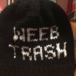 Weeb Trash knitted slouchy beanie, black and white, weeb trash hat, anime, cosplay image 2