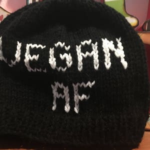 Vegan AF hand knitted beanie, black and white, vegetarian hat
