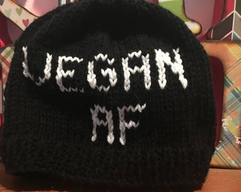 Vegan AF hand knitted beanie, black and white, vegetarian hat