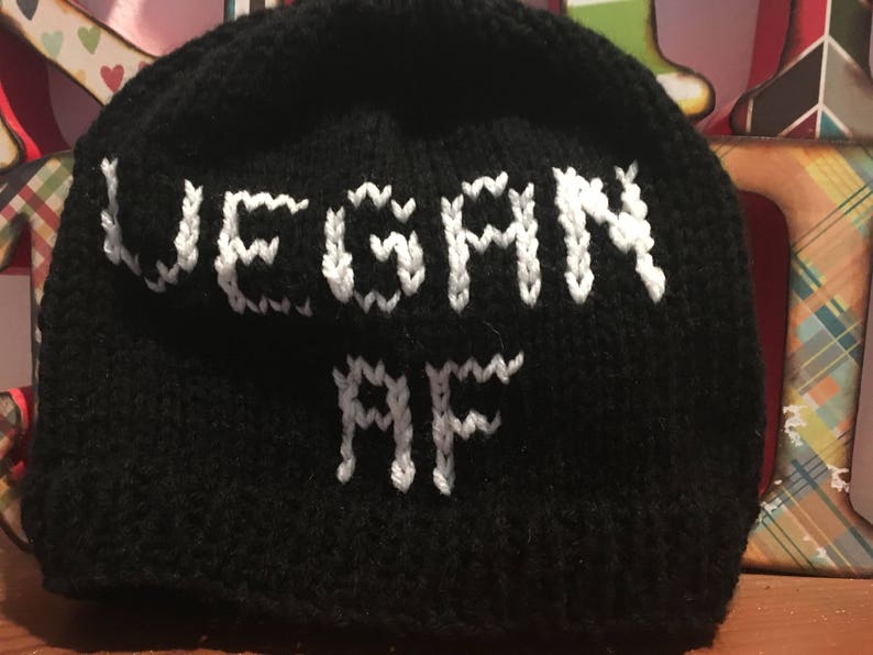 Vegan AF hand knitted beanie vegetarian hat black and white