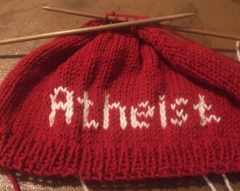 Atheist hand knitted beanie hat freethinker humanist with Pom Pom