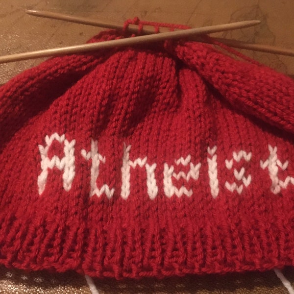 Atheist hand knitted beanie hat freethinker humanist with Pom Pom