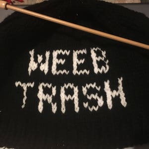 Weeb Trash knitted slouchy beanie, black and white, weeb trash hat, anime, cosplay image 1