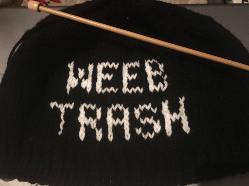 Weeb Trash knitted slouchy beanie, black and white, weeb trash hat, anime, cosplay image 1