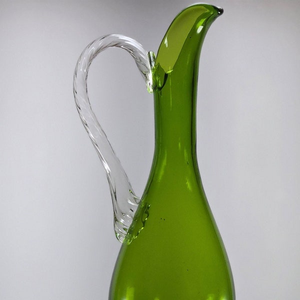 Hand-Blown Vintage Art Glass Pitcher with Long Neck, Green Glass, Ideal for Decorative Display