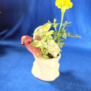 May include: A small, off-white ceramic planter shaped like a bird, with a pink head and beak. The planter holds green and white foliage and a vibrant yellow marigold flower. The background is a solid blue.