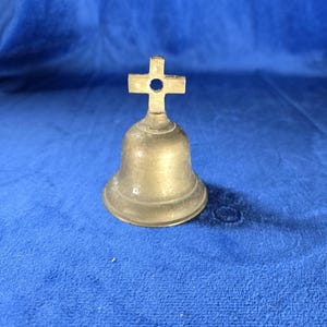 Vintage Brass Church Bell with Cross Handle – Religious Decor – Antique Altar Bell