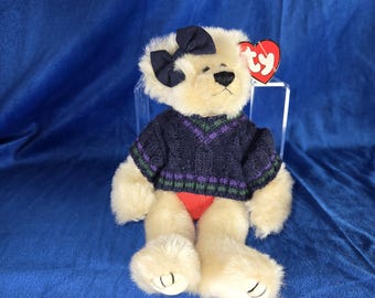TY Attic Treasures Breezy Bear – Vintage Beanie Baby Girl in Sweater & Bow – “Ahoy Mate!” Tag
