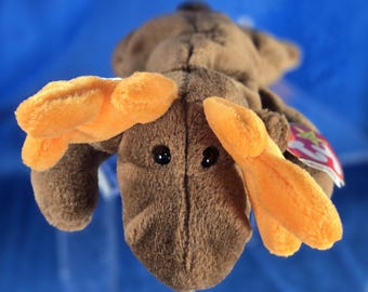 Vintage Ty Beanie Baby &quot;Chocolate&quot; the Moose (1993) – Brown Plush Moose with Soft Orange Antlers